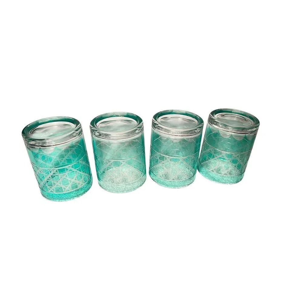 Anthropologie Bianca Jade Green Tumbler Drinking Glasses Etched Set of 4